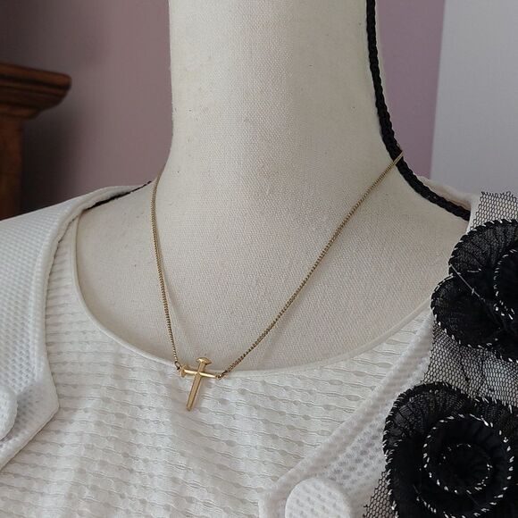 Gold Tone 2-Nail Cross Pendant Necklace - Picture 3 of 5